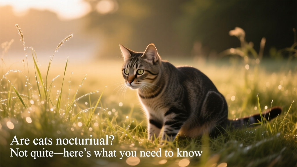 Cat crouching low in soft morning light, focused on movement in grass