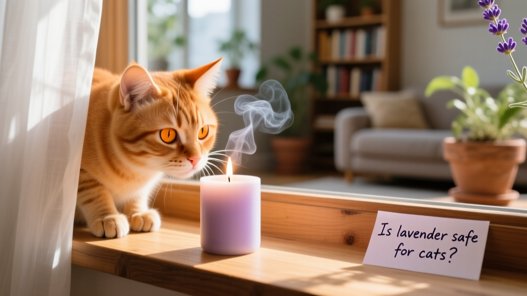 Close-up of a cat sniffing a lavender-scented candle on a windowsill