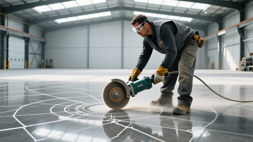 Concrete contractor using a planetary diamond grinder to mechanically repair an acid-etched polished concrete floor in a commercial warehouse.