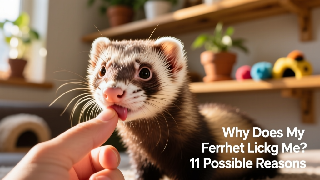 Close-up of a curious ferret gently licking a human hand