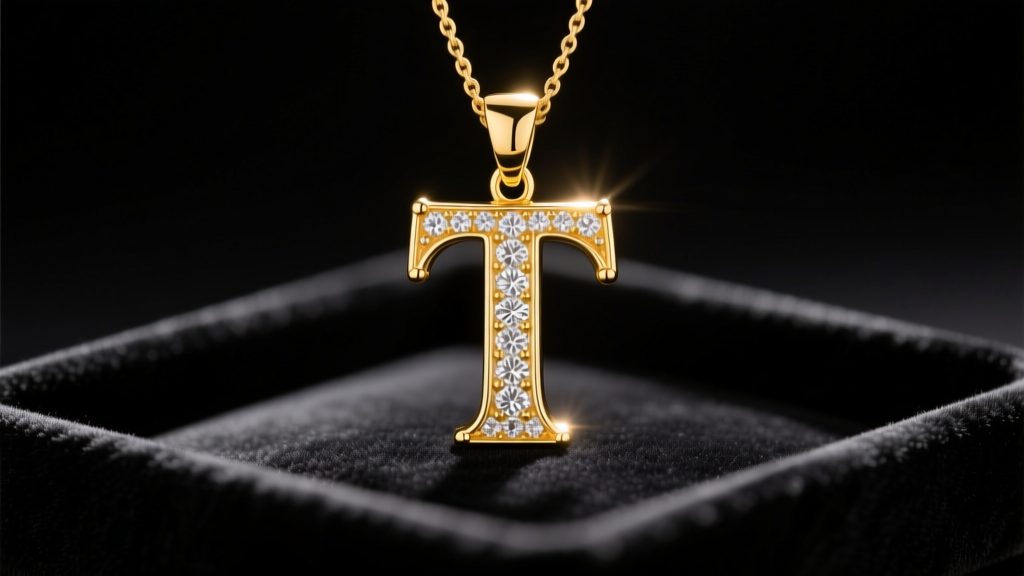 14k yellow gold serif T initial pendant with micro-pave diamonds resting on a dark velvet tray under soft, warm studio lighting.