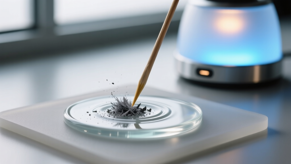 Toothpick stirring fine ashes into clear UV resin on a silicone pad, with a UV lamp glowing softly in the blurred background.