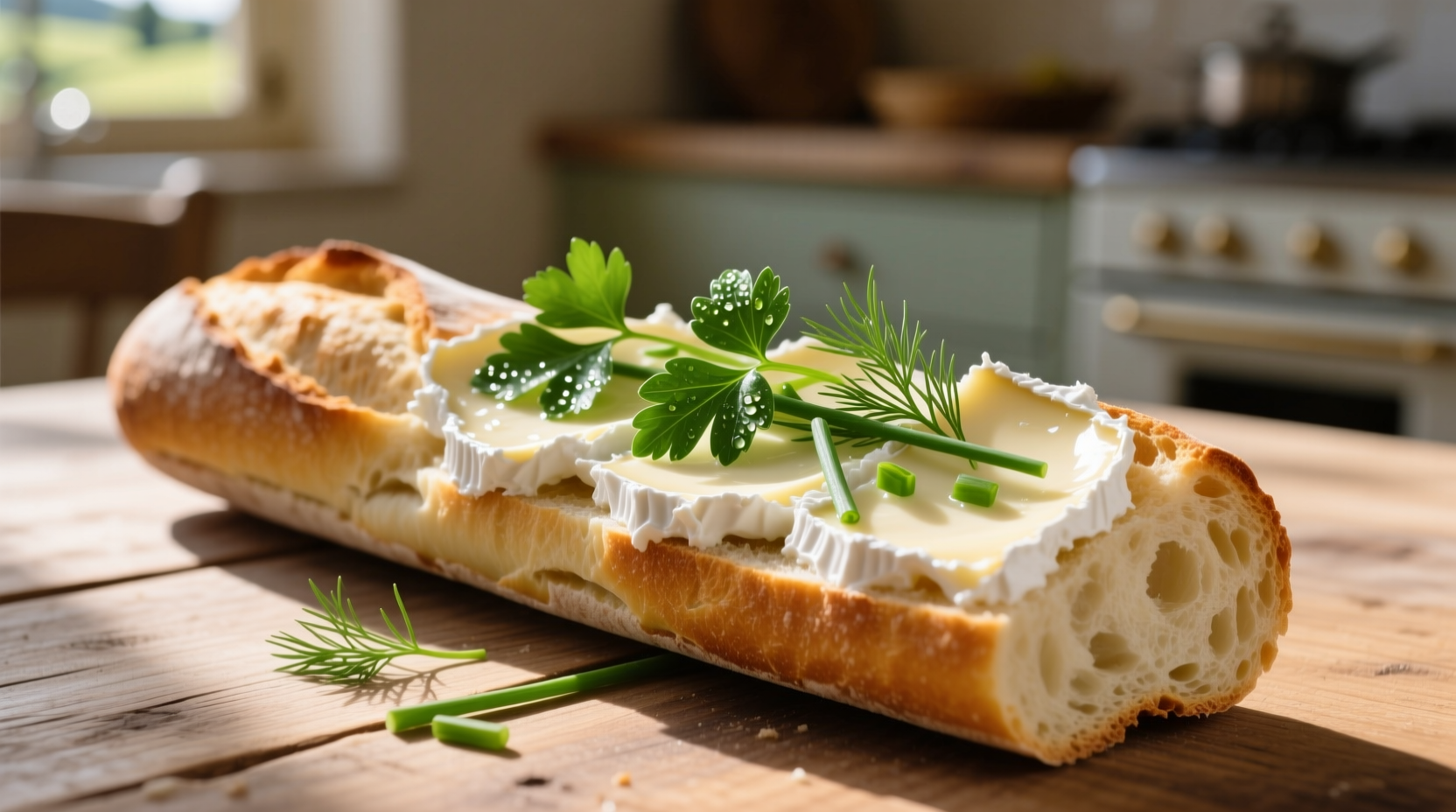 Boursin cheese spread on baguette with fresh herbs