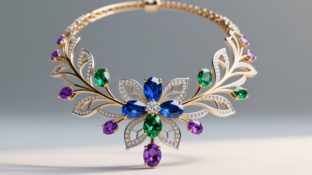 3D CAD wireframe rendering of a complex floral statement necklace showing structural support struts and gemstone prong settings.