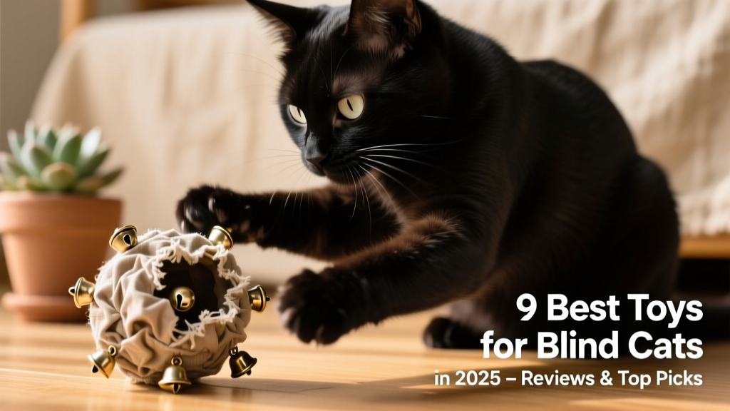 Close-up of a blind cat gently batting at a crinkly, textured toy with bells inside