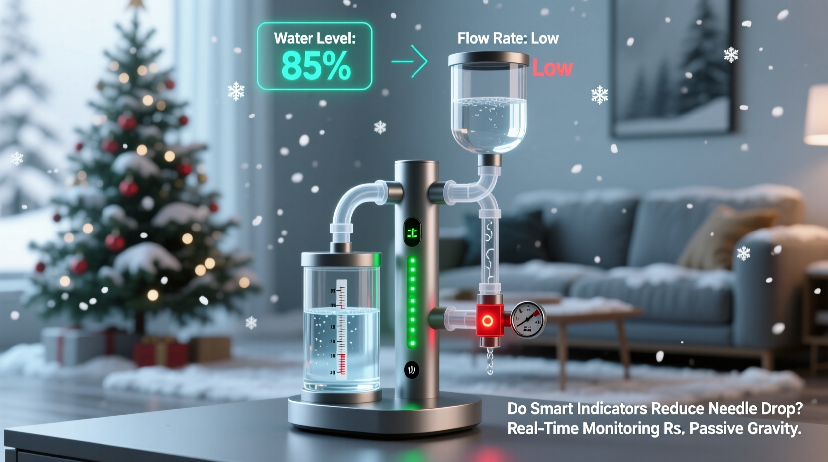 christmas tree stand with water meter vs gravity feed system do smart indicators actually reduce needle drop