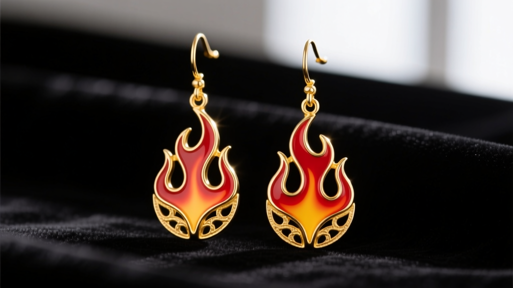 Macro shot of 18k yellow gold flame motif drop earrings with vibrant red vitreous enamel on a dark velvet backdrop.