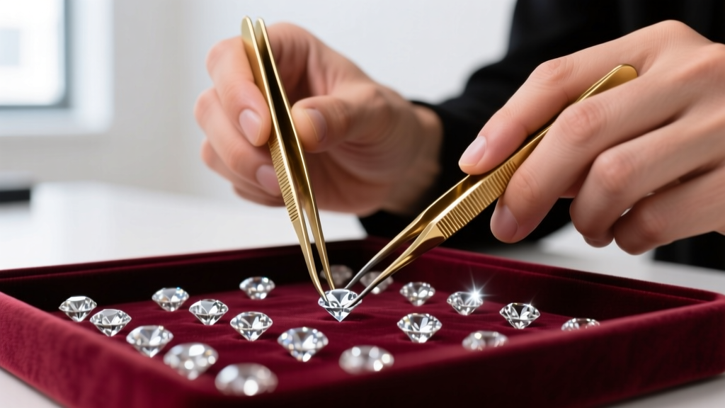 Close-up of hands using brass tweezers to sort melee diamonds into a velvet sorting tray under bright LED inspection lights.