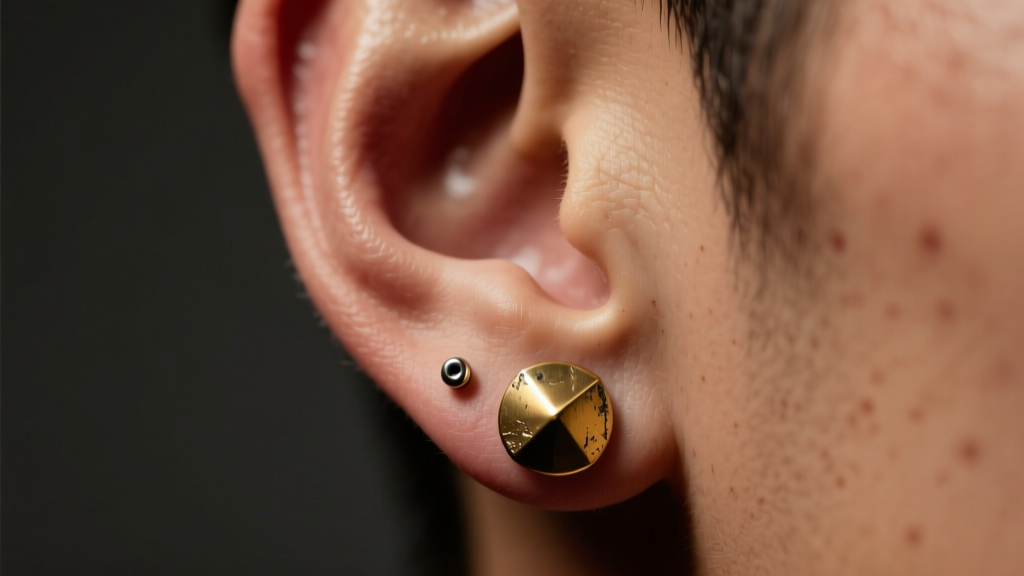 Earlobe wearing a 12-gauge brass dome rivet earring, displaying an industrial look against warm, moody studio lighting.