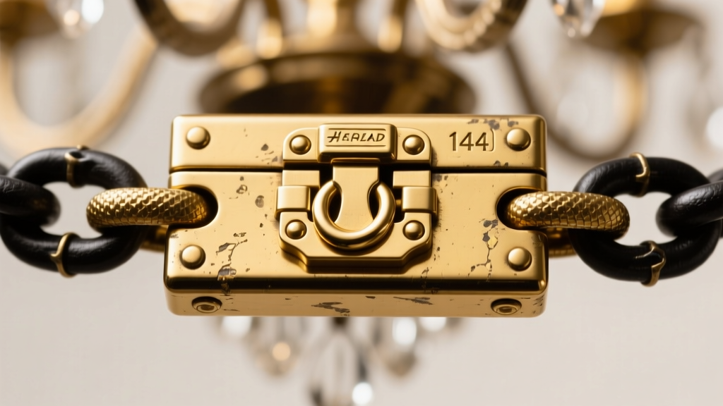 Macro close-up of a heavy-duty double-latch box clasp with figure-eight safety catch on a thick 14k gold chandelier chain