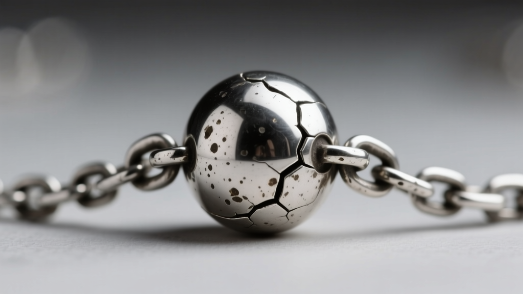 Extreme close-up of a tarnished 925 sterling silver ball and chain necklace clasp showing early signs of metal fatigue.