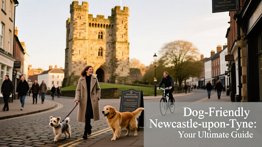 Newcastle Castle’s historic tower rising above the city centre, with cobbled streets and friendly pedestrians nearby