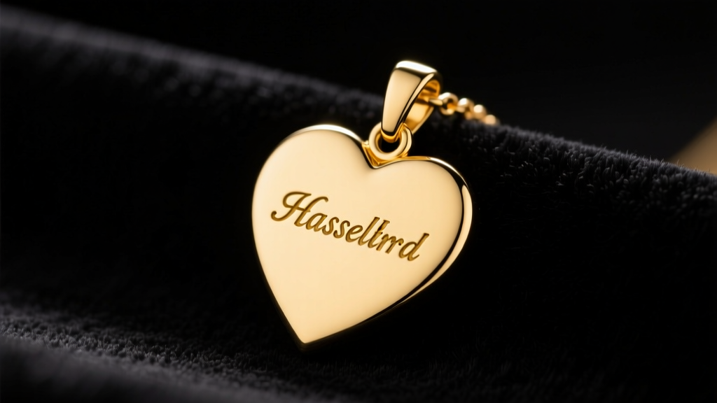 Close-up of a solid 14k yellow gold custom heart necklace name pendant resting on dark velvet under soft studio lighting.