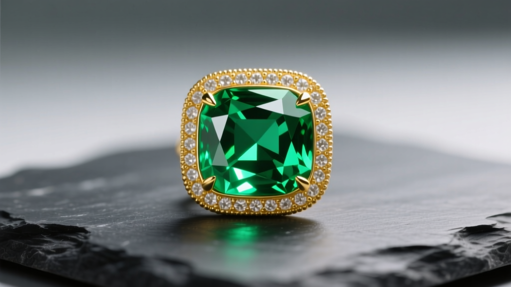 Vivid green Colombian emerald in an 18k yellow gold full bezel setting, resting on dark slate under soft studio lighting.