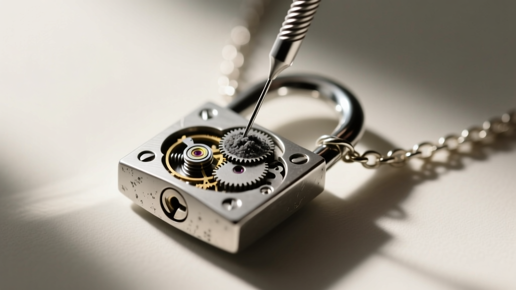 A needle applying graphite powder to lubricate the spring mechanism inside a small sterling silver padlock necklace clasp on a mat