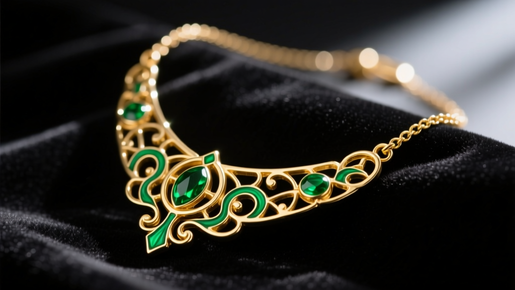 Close-up of a gold-plated Cult of the Lamb Regrowth tarot necklace resting on dark velvet, highlighting green enamel details.