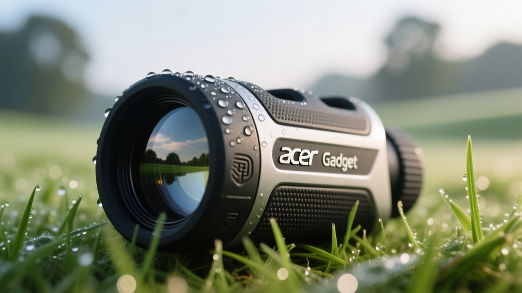 Close-up of the Acer Gadget golf rangefinder resting on wet morning grass, showcasing its rubberized grip and objective lens.