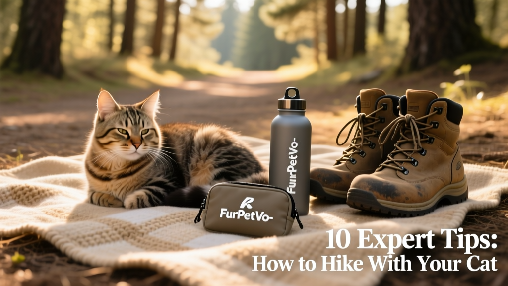 A relaxed cat curled up on a picnic blanket beside hiking boots and a FurPetVo-branded water bottle and treat pouch