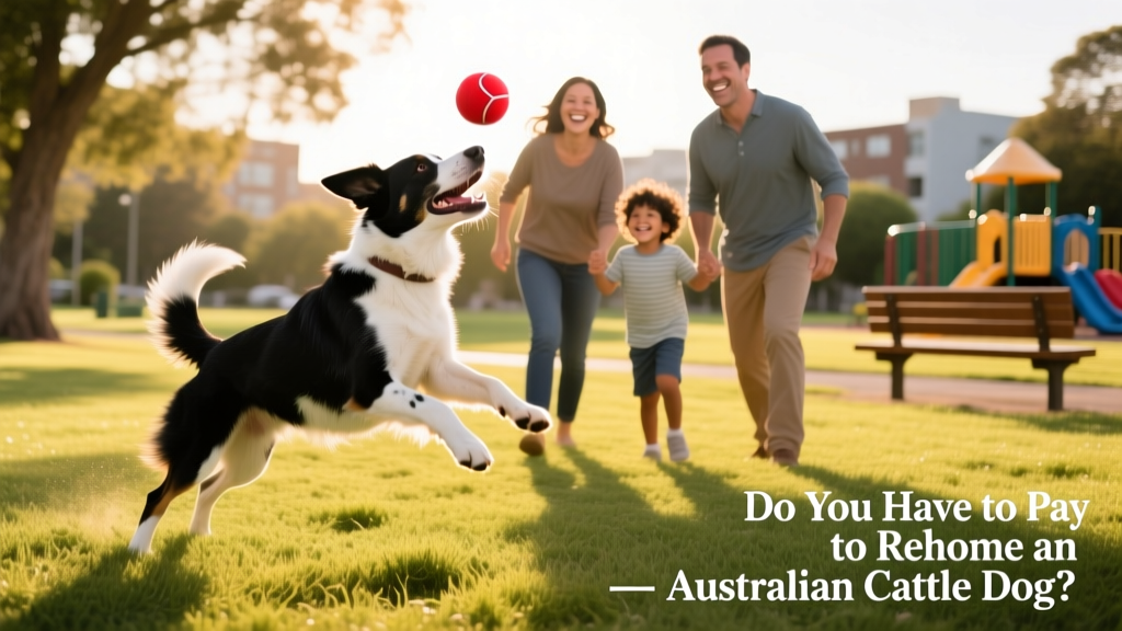 Foster family playing fetch with an Australian Cattle Dog in a grassy park