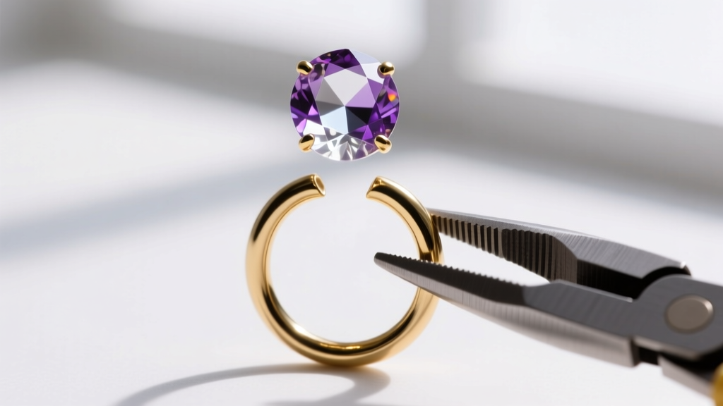 Macro shot of a 4mm 18-gauge gold-filled jump ring twisted open with flat-nose pliers to attach a faceted quartz pendant bead