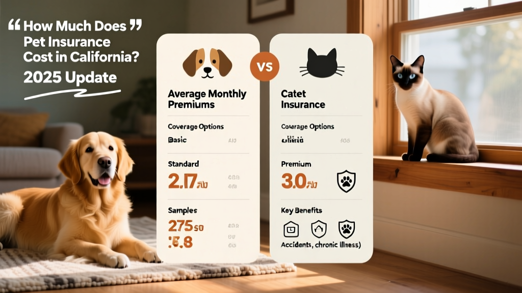 Infographic showing side-by-side comparison of dog and cat insurance costs, coverage options, and sample monthly premiums in California