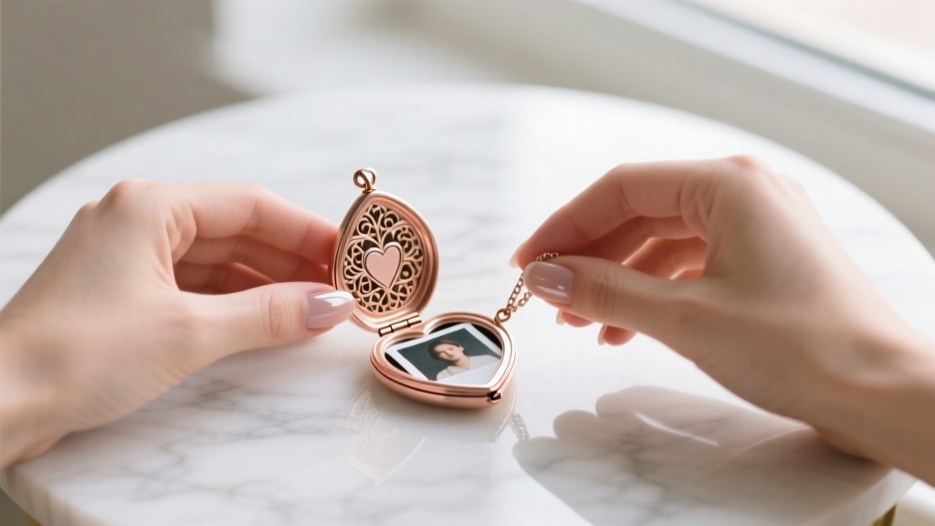 Hands placing a custom 14mm cropped photo into a rose gold vermeil heart locket pendant resting on a bright white marble table