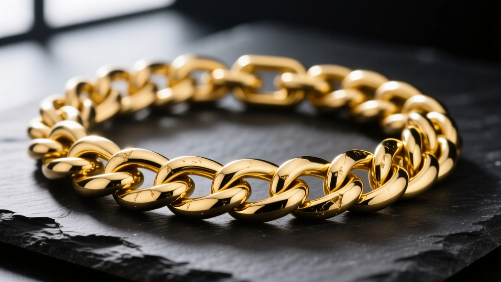 Macro shot of a thick 14k yellow gold Cuban link chain on dark slate, highlighting interlocking geometry and high polish finish.