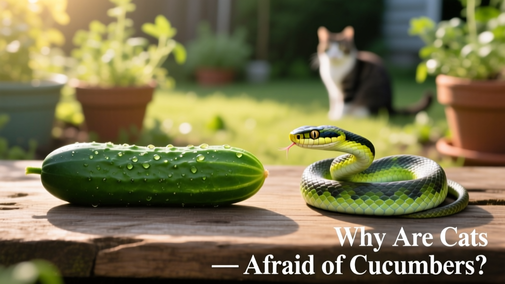 Side-by-side comparison showing a cucumber and a coiled garden snake, highlighting visual similarities that may trigger a cat's instinctive fear