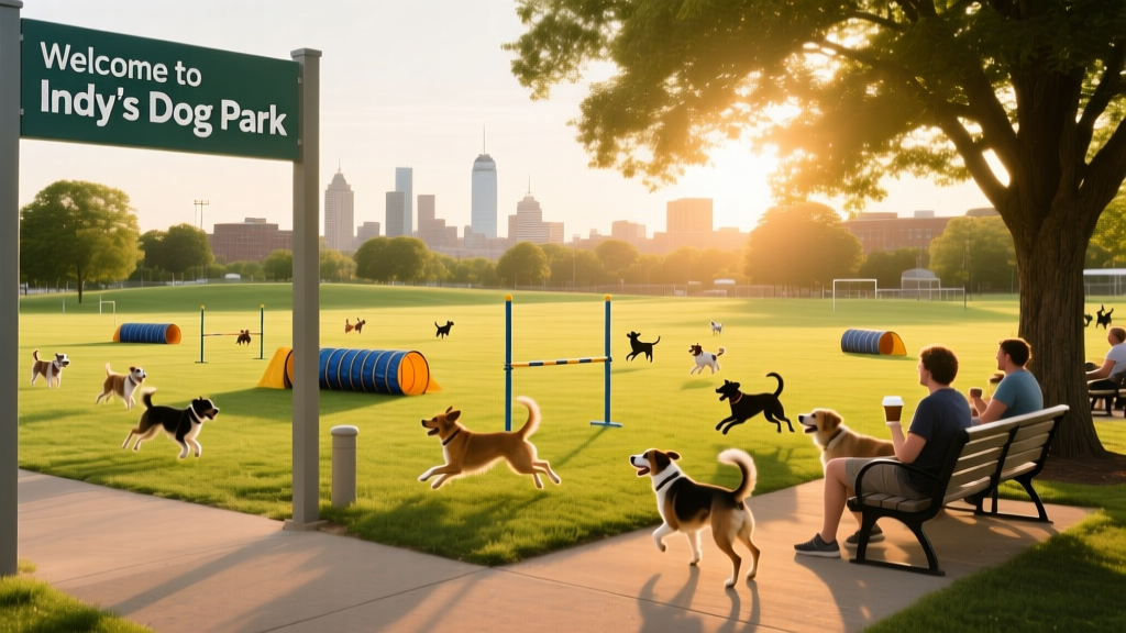 A lively dog park in Indianapolis with open green space, agility equipment, and shaded seating areas