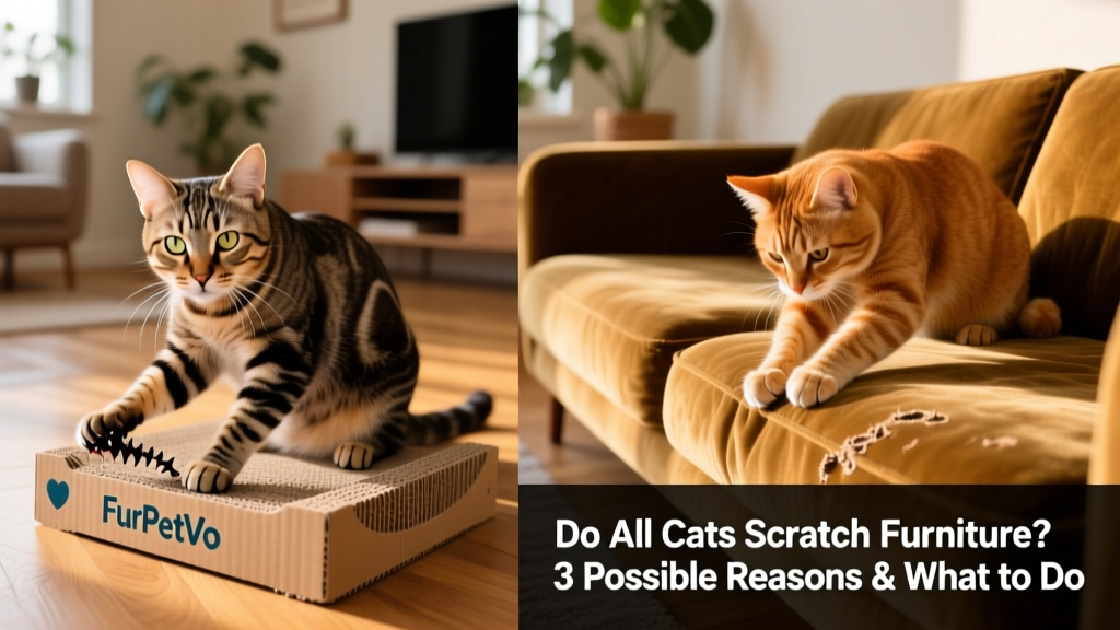 Side-by-side comparison: a cat using a FurPetVo cardboard scratcher versus a cat pawing at a velvet sofa