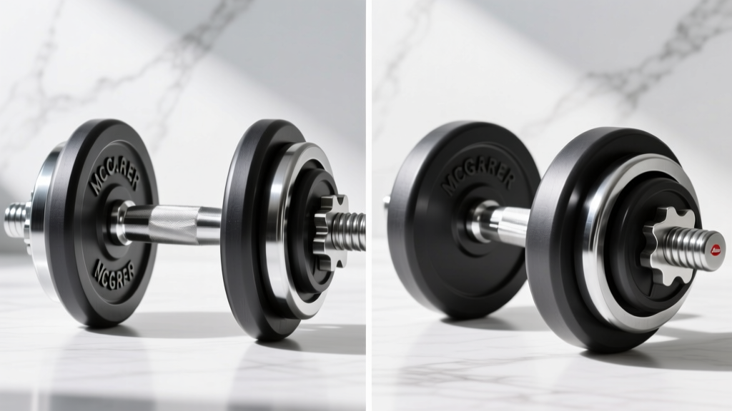 Side-by-side comparison of correctly and incorrectly loaded weight plates on a McGregor dumbbell, showing the center of mass shift