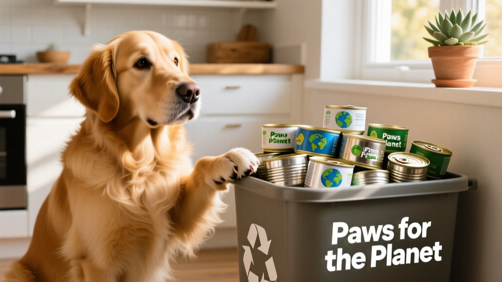 A golden retriever sitting beside a recycling bin filled with clean aluminum pet food cans