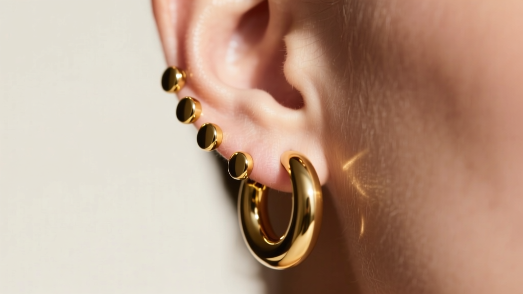 Close-up of an earlobe wearing 12mm chunky gold hoop earrings, soft lighting highlighting the thick, high-polish metal surface.