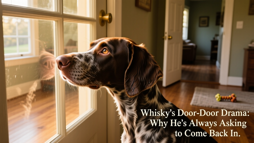 Whiskey, a German Wirehaired Pointer, dramatically pressing his face against a glass door