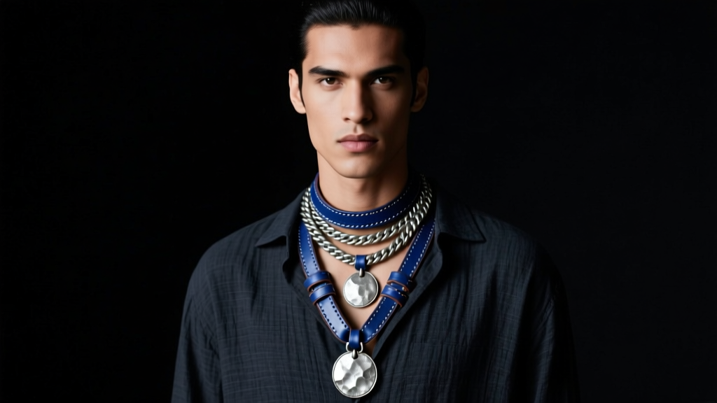 Male model wearing a layered Tuareg silver and indigo leather necklace against a dark tailored linen shirt, moody studio lighting.