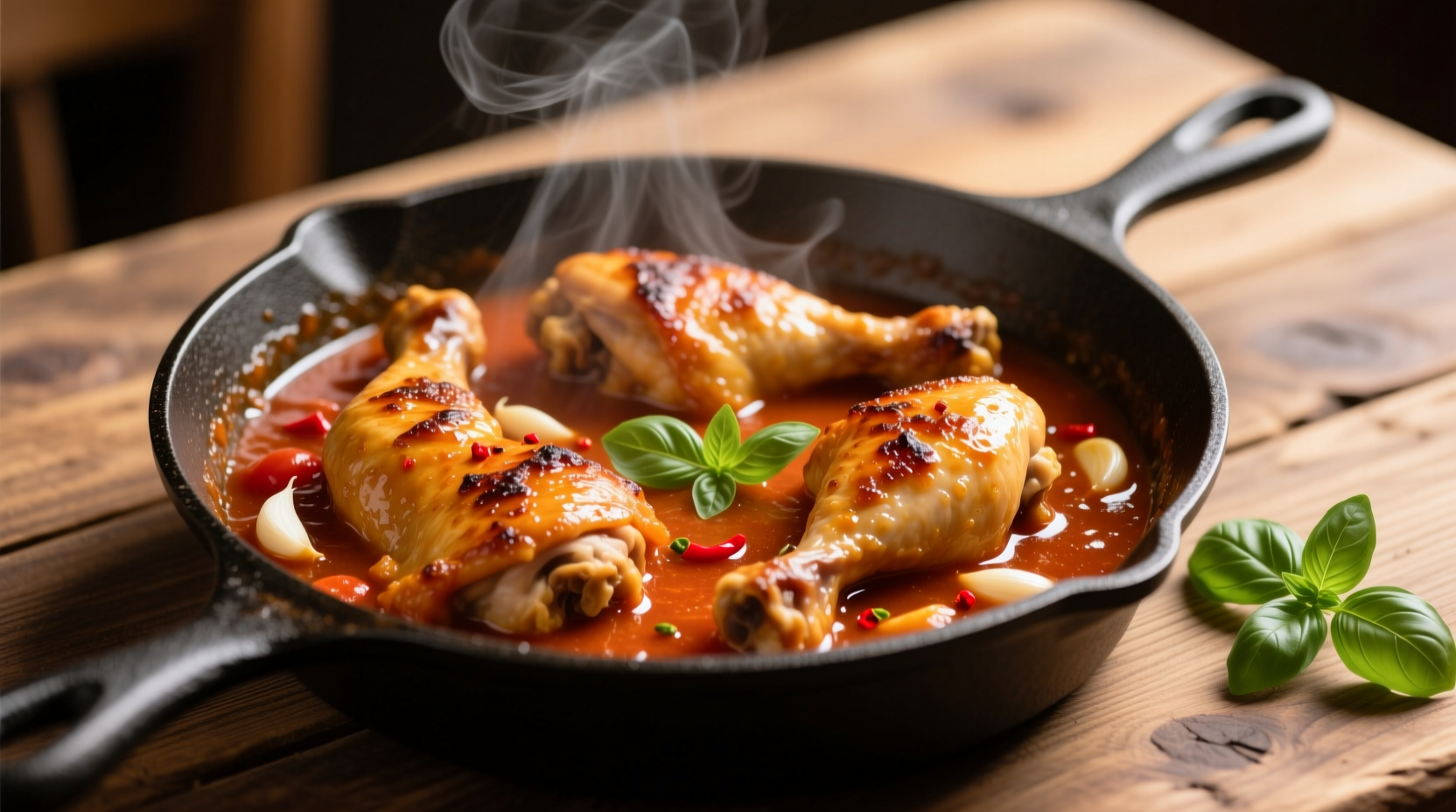 Golden chicken thighs simmering in rich tomato sauce