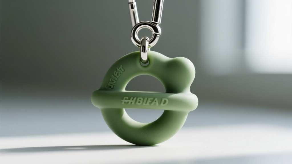 Macro shot of a sage green food-grade silicone chew pendant showing its matte finish and a 316L stainless steel breakaway clasp.