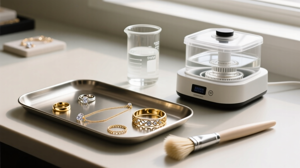 Jeweler workbench with an ultrasonic cleaner next to a glass beaker of clear distilled water and a soft-bristled cleaning brush.