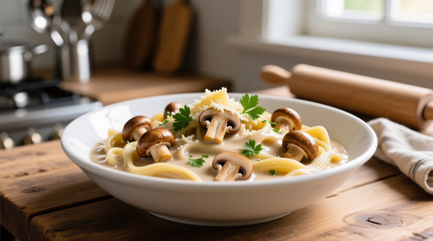 Creamy mushroom pasta sauce in white bowl