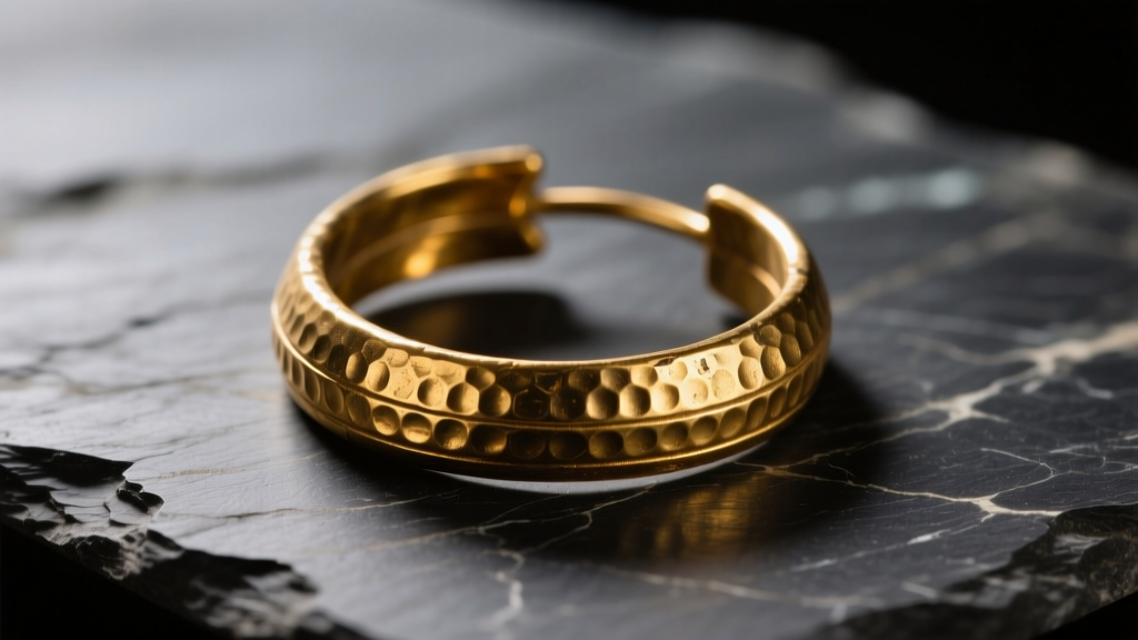Macro shot of ancient Sumerian gold hoop earring on dark slate, highlighting hammered textures and oxidized crevices in warm light