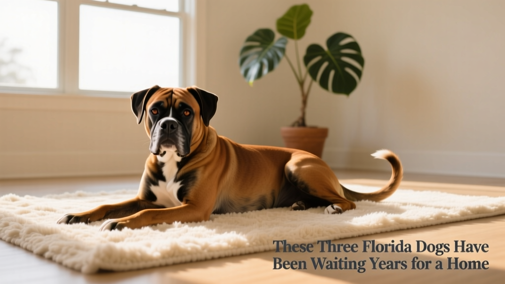 A gentle, relaxed Boxer/Black Mouth Cur mix lying peacefully on a soft rug in a quiet indoor space, eyes soft and tail gently wagging