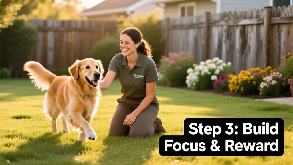 A trainer kneeling with an eager dog mid-approach, both smiling, in a sunlit backyard
