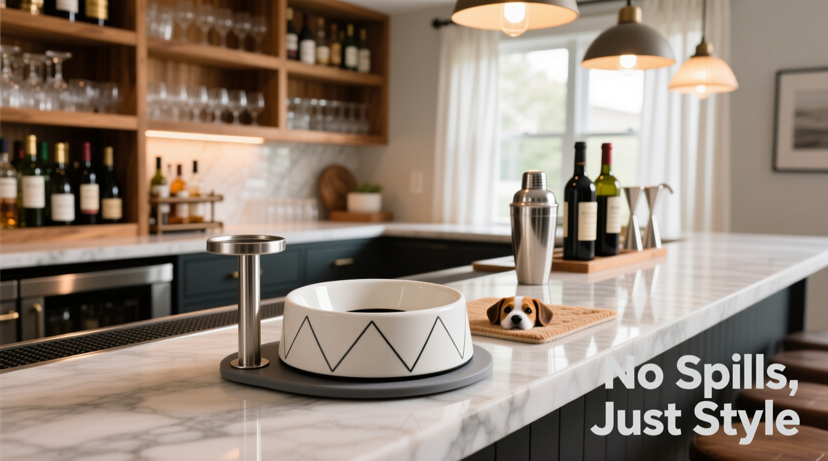 non-spill dog bowls when you also have a busy home bar setup