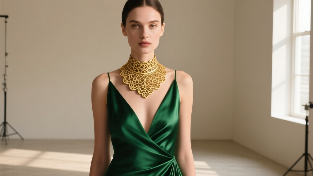 Woman wearing an 18k gold filigree choker necklace with scalloped edges, paired with a deep V-neck emerald green silk gown.