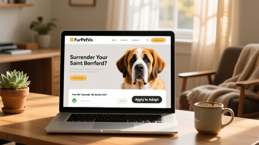 A laptop screen showing the FurPetVo website interface with a Saint Bernard profile and verified adopter applications