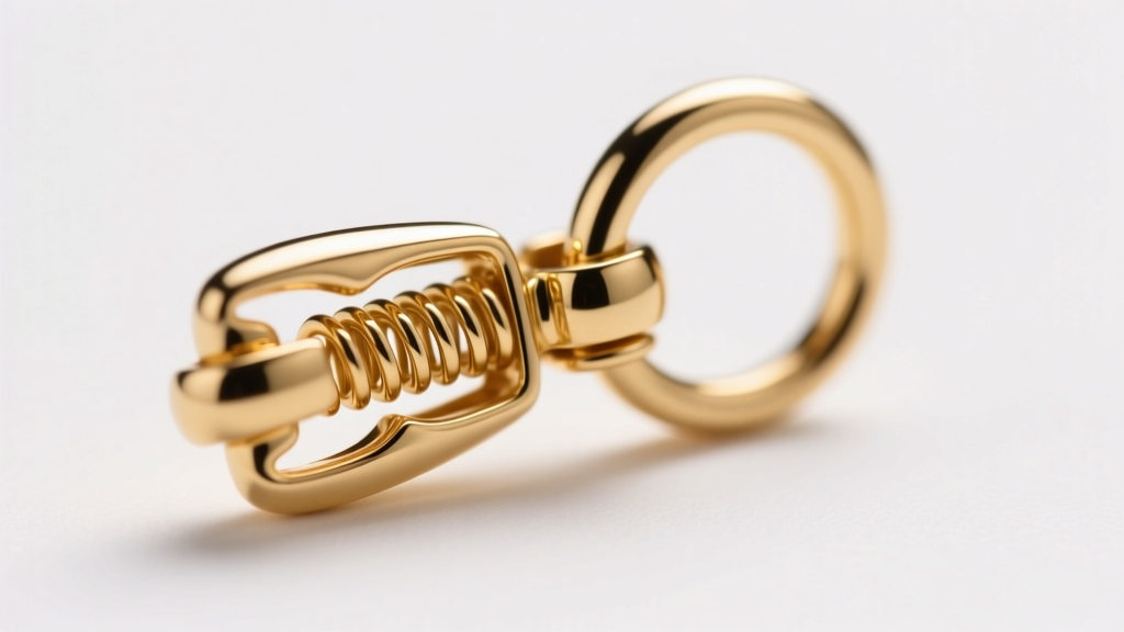Close-up of a 14k gold lobster clasp on a jump ring, showing the internal spring tension mechanism under bright studio light