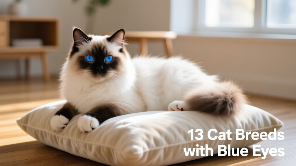 A Himalayan cat with a fluffy white body, dark points on face and paws, and intensely blue eyes, resting peacefully on a soft cushion