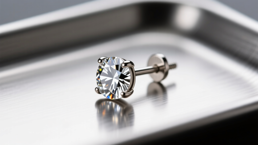 Macro shot of a 6mm diamond stud earring with a 20-gauge titanium post and screw-back clutch resting on a sterile metal tray.