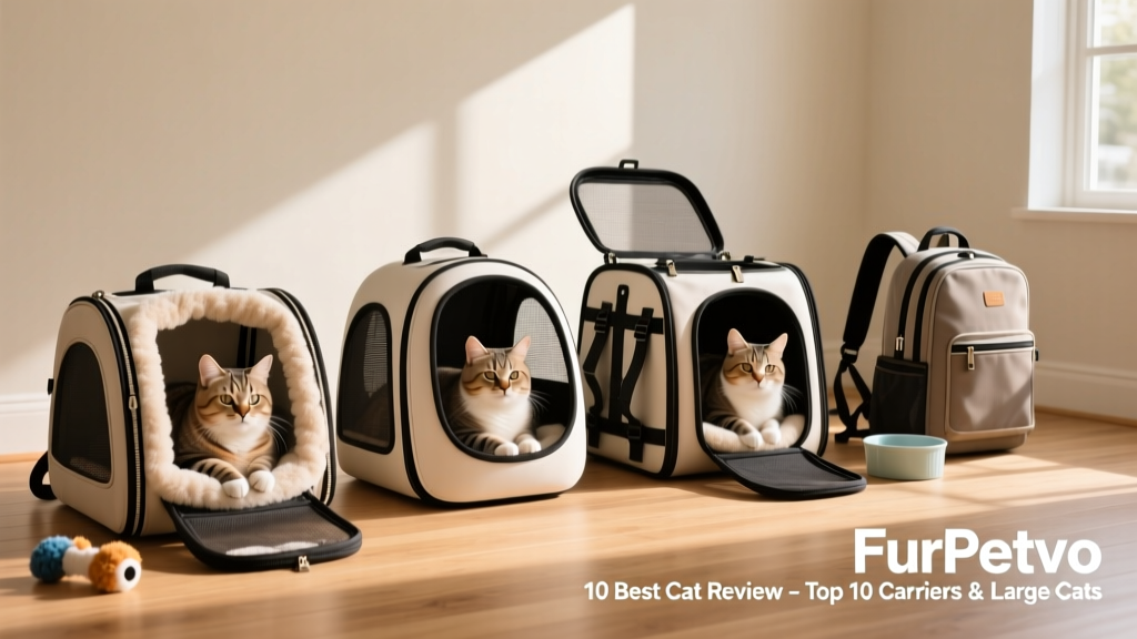 Side-by-side comparison of five FurPetVo carriers showing different styles: soft-sided, hard-shell, top-loading, front-loading, and backpack-style designs