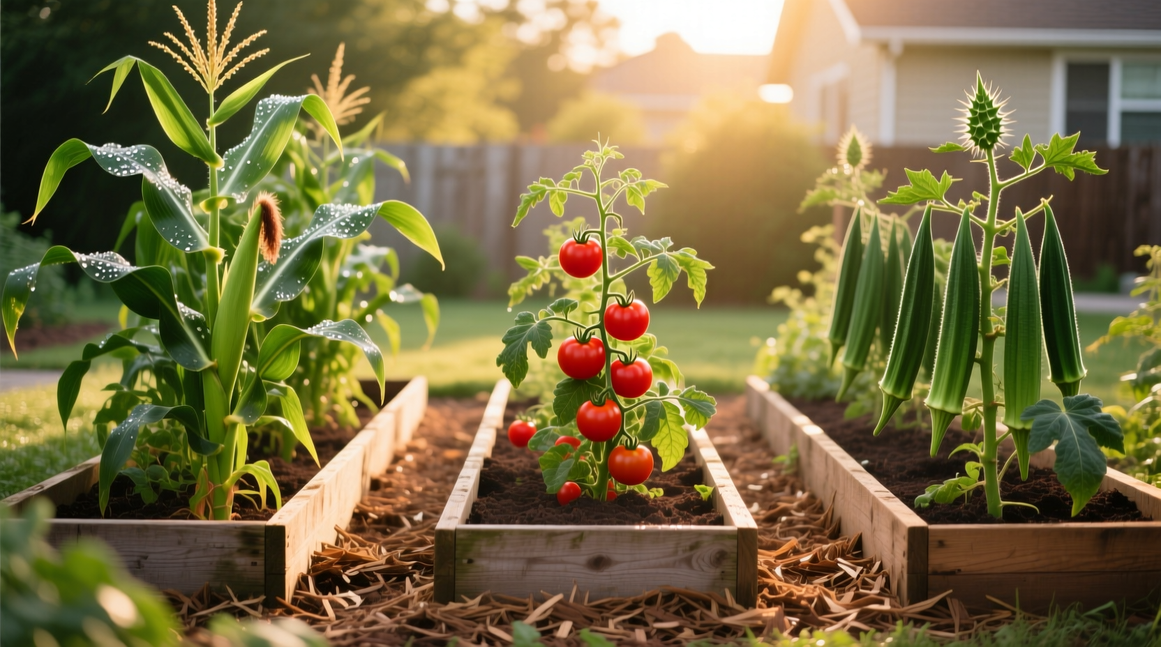 Three garden beds showing corn, tomatoes, and okra arrangement